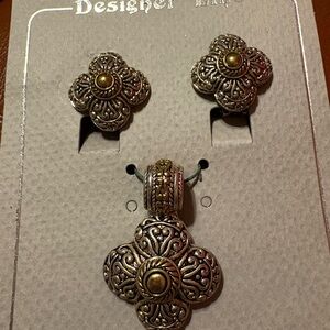 Filigree Floral Pendant & Earring Set - Two-Tone Silver and Gold